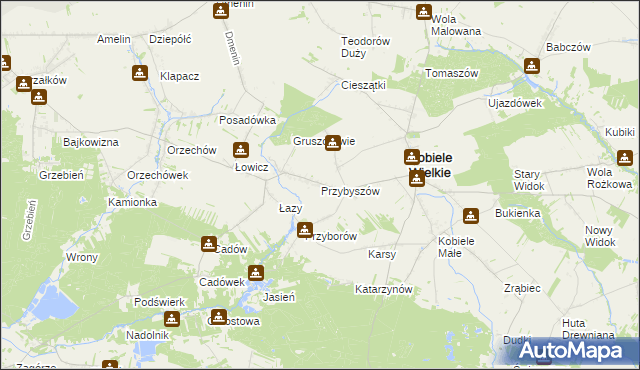 mapa Przybyszów gmina Kobiele Wielkie, Przybyszów gmina Kobiele Wielkie na mapie Targeo