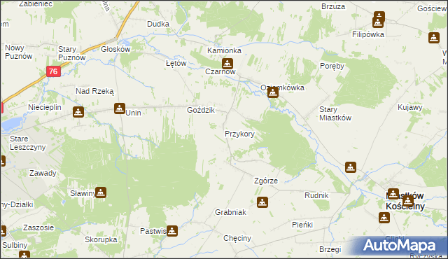 mapa Przykory gmina Miastków Kościelny, Przykory gmina Miastków Kościelny na mapie Targeo