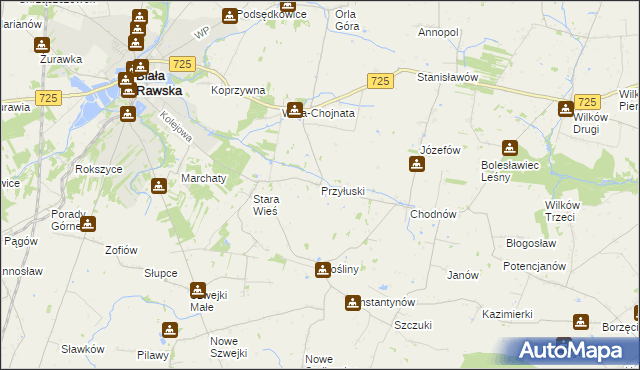 mapa Przyłuski gmina Biała Rawska, Przyłuski gmina Biała Rawska na mapie Targeo