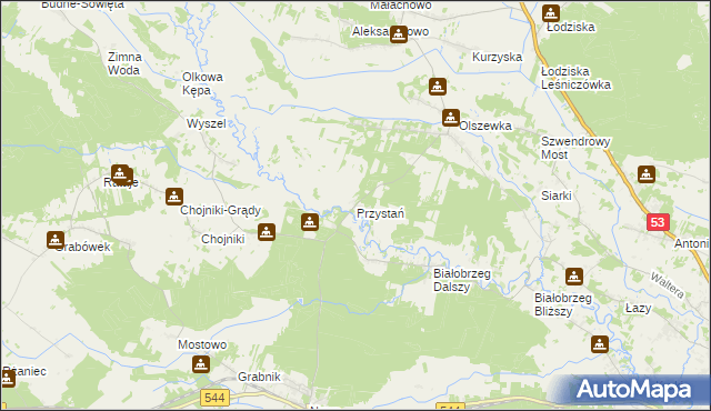 mapa Przystań gmina Olszewo-Borki, Przystań gmina Olszewo-Borki na mapie Targeo