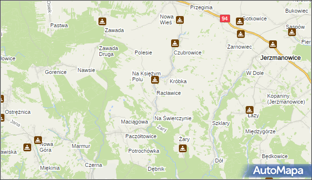 mapa Racławice gmina Jerzmanowice-Przeginia, Racławice gmina Jerzmanowice-Przeginia na mapie Targeo