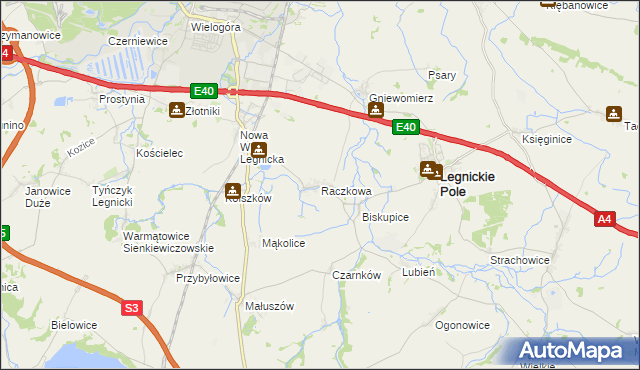 mapa Raczkowa gmina Legnickie Pole, Raczkowa gmina Legnickie Pole na mapie Targeo