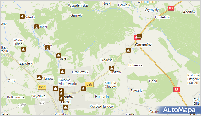 mapa Radość gmina Ceranów, Radość gmina Ceranów na mapie Targeo