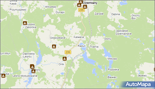 mapa Raduń gmina Dziemiany, Raduń gmina Dziemiany na mapie Targeo