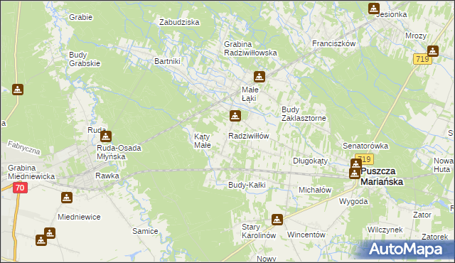 mapa Radziwiłłów gmina Puszcza Mariańska, Radziwiłłów gmina Puszcza Mariańska na mapie Targeo