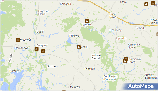 mapa Reszki gmina Bargłów Kościelny, Reszki gmina Bargłów Kościelny na mapie Targeo