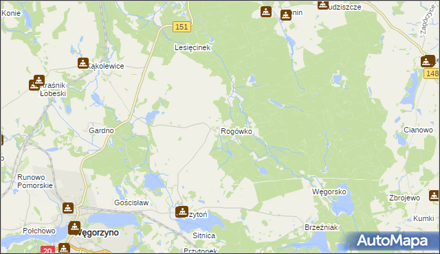 mapa Rogówko gmina Węgorzyno, Rogówko gmina Węgorzyno na mapie Targeo