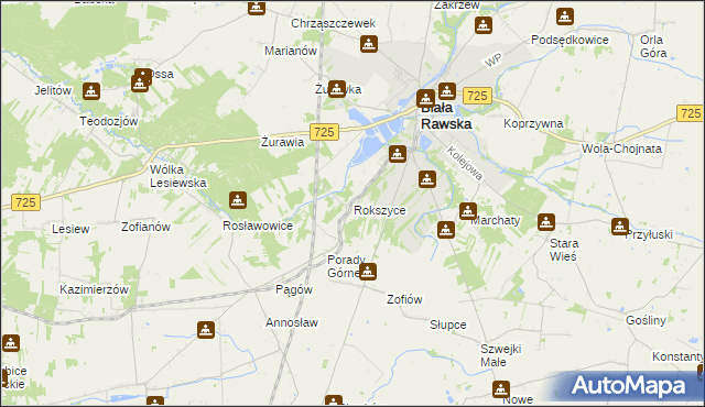 mapa Rokszyce gmina Biała Rawska, Rokszyce gmina Biała Rawska na mapie Targeo