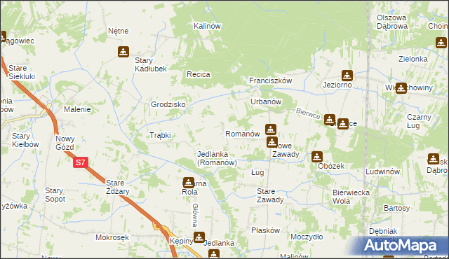 mapa Romanów gmina Jedlińsk, Romanów gmina Jedlińsk na mapie Targeo