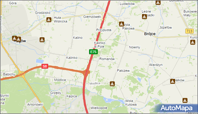mapa Romanów gmina Rzgów, Romanów gmina Rzgów na mapie Targeo