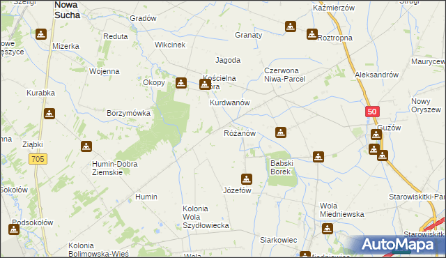 mapa Różanów gmina Wiskitki, Różanów gmina Wiskitki na mapie Targeo