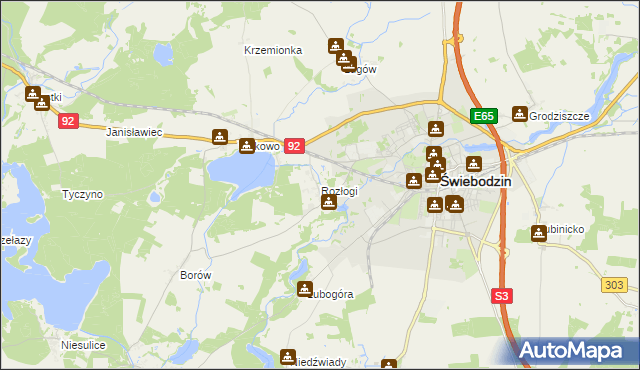 mapa Rozłogi gmina Świebodzin, Rozłogi gmina Świebodzin na mapie Targeo