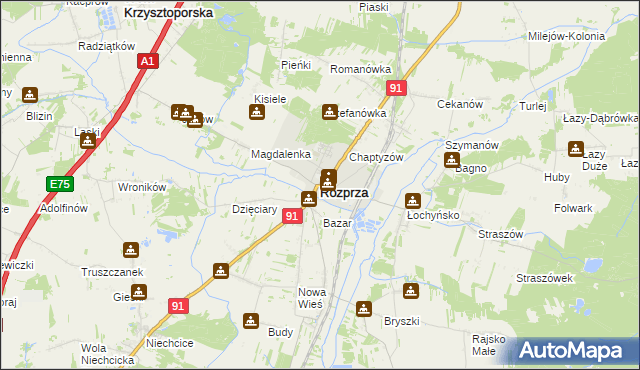 mapa Rozprza powiat piotrkowski, Rozprza powiat piotrkowski na mapie Targeo