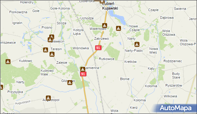 mapa Rutkowice gmina Lubień Kujawski, Rutkowice gmina Lubień Kujawski na mapie Targeo