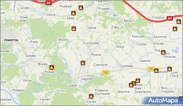 mapa Rybna gmina Czernichów, Rybna gmina Czernichów na mapie Targeo