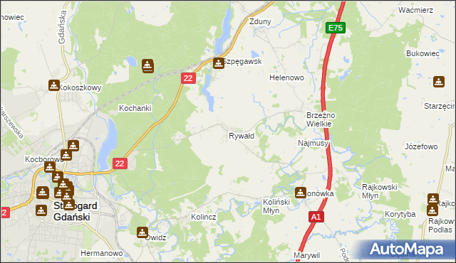 mapa Rywałd gmina Starogard Gdański, Rywałd gmina Starogard Gdański na mapie Targeo