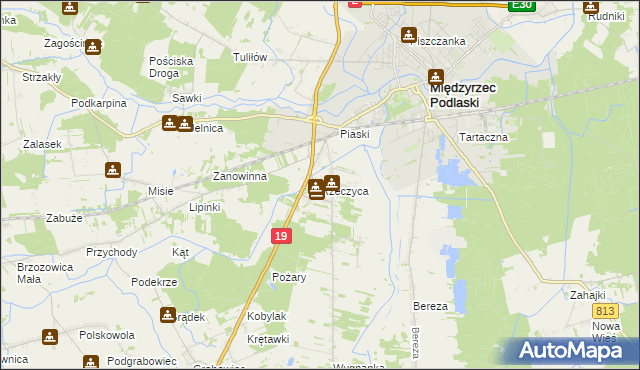 mapa Rzeczyca gmina Międzyrzec Podlaski, Rzeczyca gmina Międzyrzec Podlaski na mapie Targeo