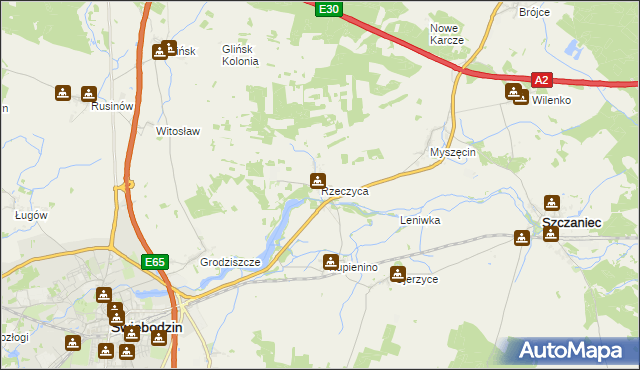 mapa Rzeczyca gmina Świebodzin, Rzeczyca gmina Świebodzin na mapie Targeo