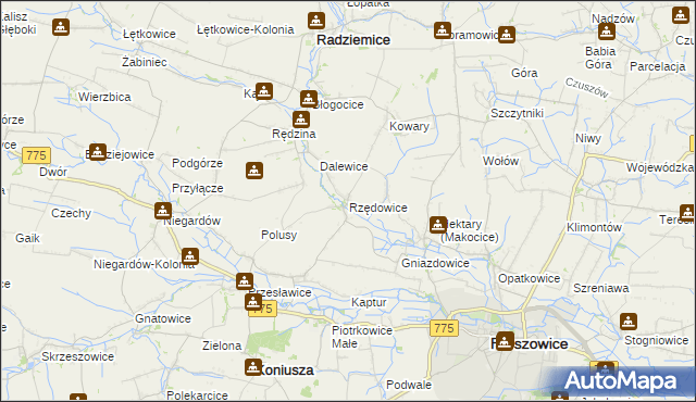 mapa Rzędowice gmina Koniusza, Rzędowice gmina Koniusza na mapie Targeo