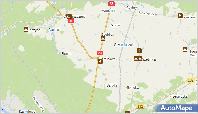 mapa Sarbinowo gmina Dębno, Sarbinowo gmina Dębno na mapie Targeo