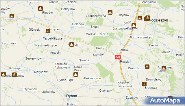 mapa Sarnów gmina Rybno, Sarnów gmina Rybno na mapie Targeo