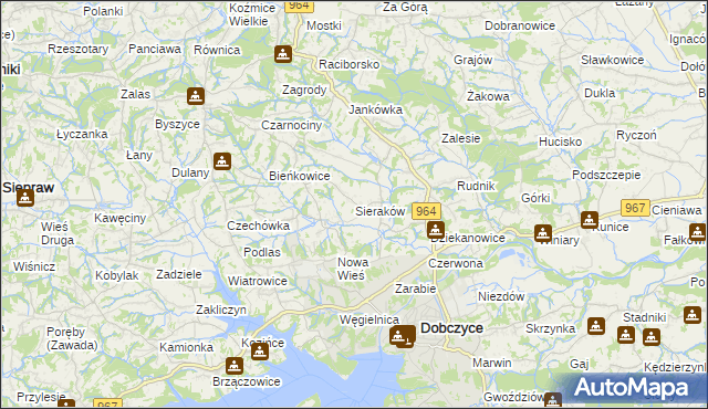 mapa Sieraków gmina Dobczyce, Sieraków gmina Dobczyce na mapie Targeo