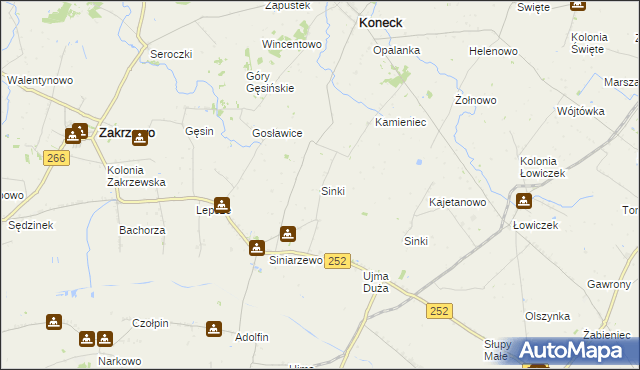 mapa Sinki gmina Zakrzewo, Sinki gmina Zakrzewo na mapie Targeo