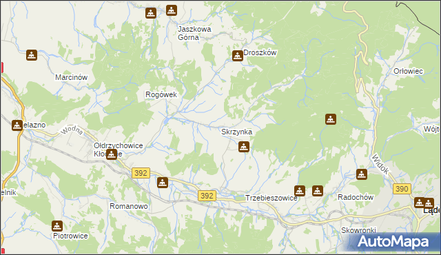 mapa Skrzynka gmina Lądek-Zdrój, Skrzynka gmina Lądek-Zdrój na mapie Targeo