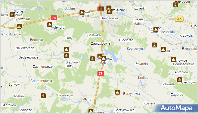 mapa Śladków Mały, Śladków Mały na mapie Targeo