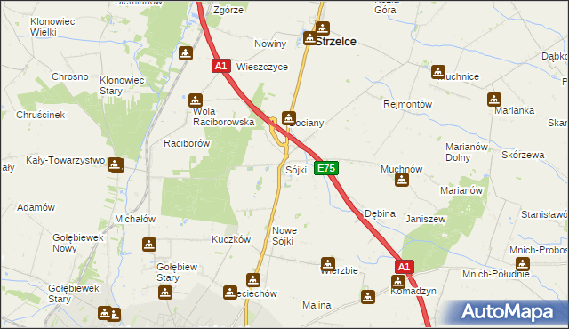 mapa Sójki gmina Strzelce, Sójki gmina Strzelce na mapie Targeo