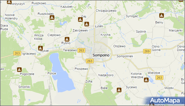 mapa Sompolno, Sompolno na mapie Targeo