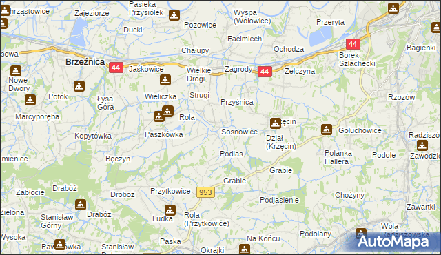 mapa Sosnowice gmina Brzeźnica, Sosnowice gmina Brzeźnica na mapie Targeo