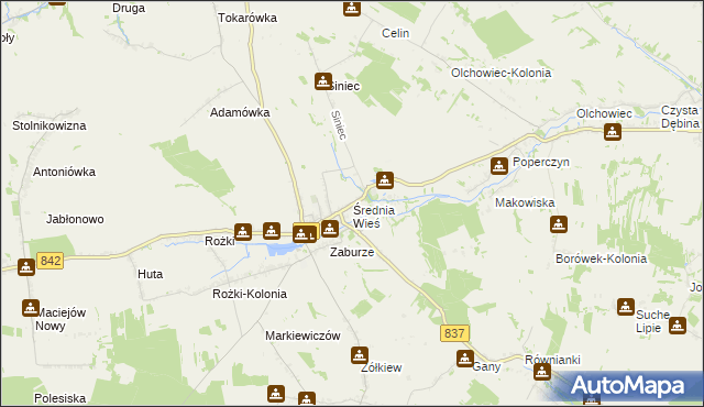 mapa Średnia Wieś gmina Żółkiewka, Średnia Wieś gmina Żółkiewka na mapie Targeo