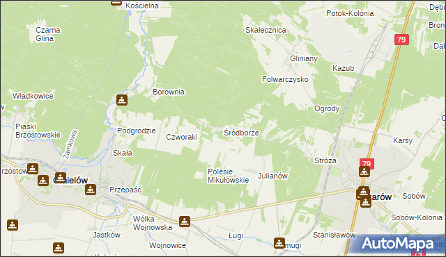 mapa Śródborze gmina Ożarów, Śródborze gmina Ożarów na mapie Targeo