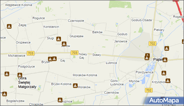 mapa Stawy gmina Góra Świętej Małgorzaty, Stawy gmina Góra Świętej Małgorzaty na mapie Targeo