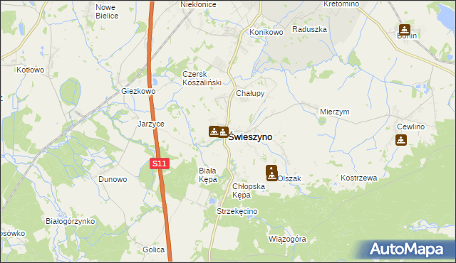 mapa Świeszyno powiat koszaliński, Świeszyno powiat koszaliński na mapie Targeo