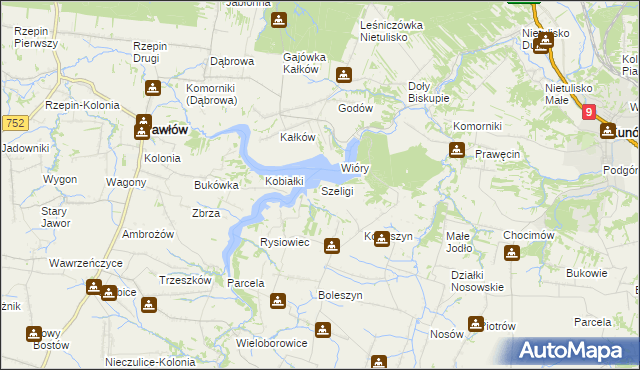 mapa Szeligi gmina Pawłów, Szeligi gmina Pawłów na mapie Targeo