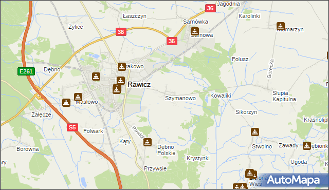 mapa Szymanowo gmina Rawicz, Szymanowo gmina Rawicz na mapie Targeo