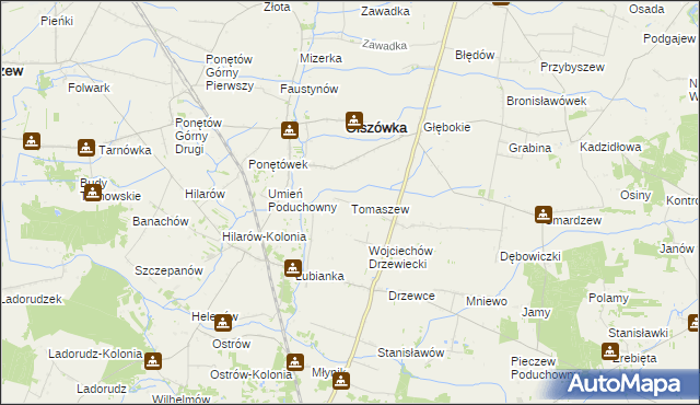 mapa Tomaszew gmina Olszówka, Tomaszew gmina Olszówka na mapie Targeo