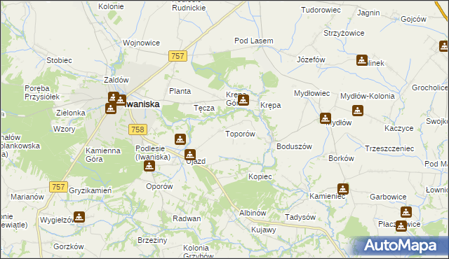 mapa Toporów gmina Iwaniska, Toporów gmina Iwaniska na mapie Targeo