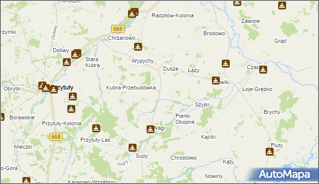 mapa Trzaski gmina Przytuły, Trzaski gmina Przytuły na mapie Targeo