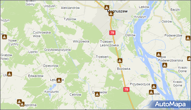 mapa Trzebień gmina Magnuszew, Trzebień gmina Magnuszew na mapie Targeo