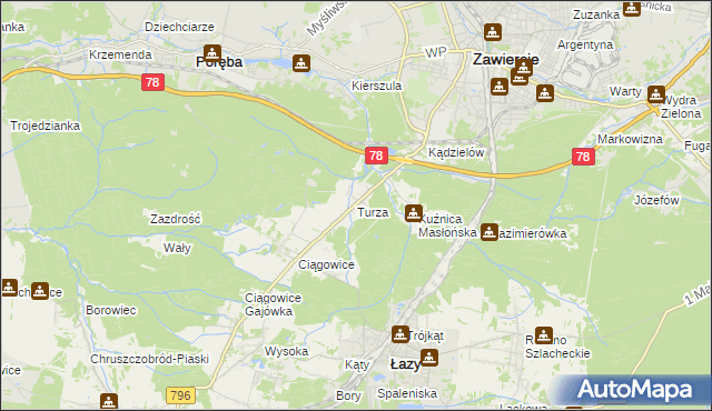 mapa Turza gmina Łazy, Turza gmina Łazy na mapie Targeo
