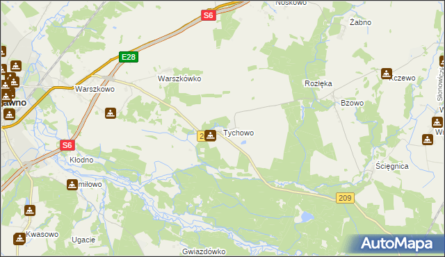mapa Tychowo gmina Sławno, Tychowo gmina Sławno na mapie Targeo