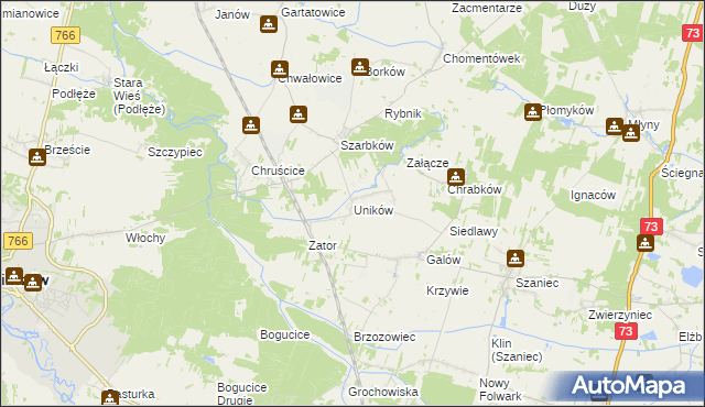 mapa Uników gmina Pińczów, Uników gmina Pińczów na mapie Targeo