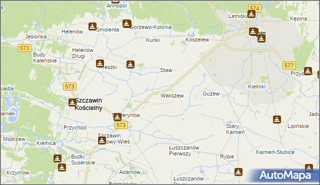 mapa Waliszew gmina Szczawin Kościelny, Waliszew gmina Szczawin Kościelny na mapie Targeo