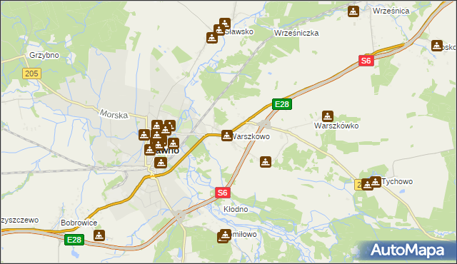 mapa Warszkowo gmina Sławno, Warszkowo gmina Sławno na mapie Targeo