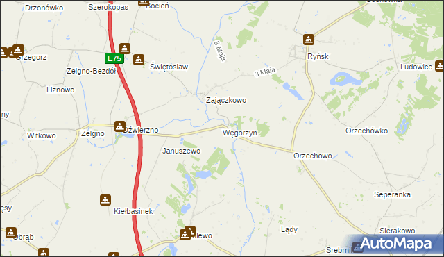 mapa Węgorzyn gmina Ryńsk, Węgorzyn gmina Ryńsk na mapie Targeo