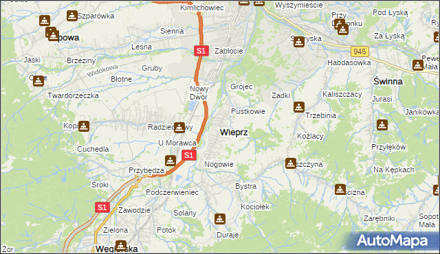 mapa Wieprz gmina Radziechowy-Wieprz, Wieprz gmina Radziechowy-Wieprz na mapie Targeo