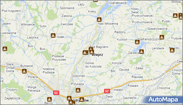 mapa Wieprz powiat wadowicki, Wieprz powiat wadowicki na mapie Targeo